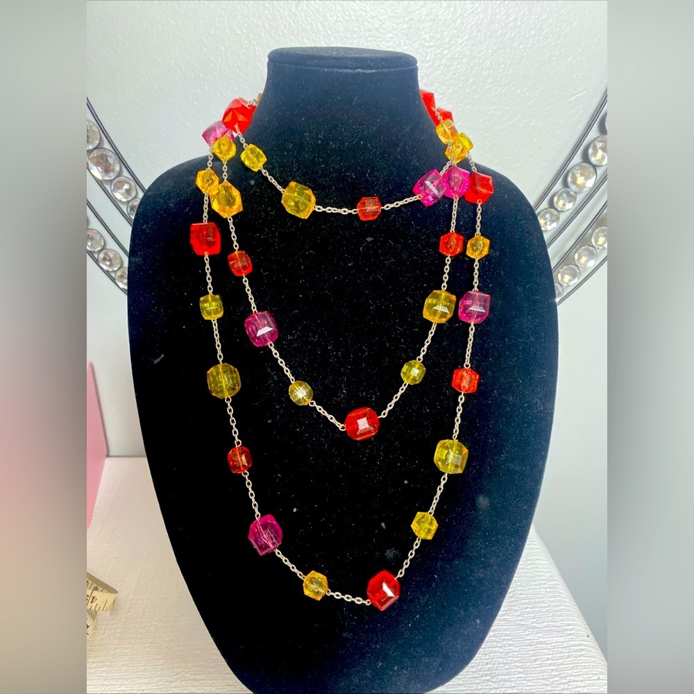 Extra long Tropical color necklace, Faceted lucite squares 78”in - Picture 1 of 9
